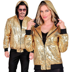 Sparkle in Style with our Gold Sequin Hooded Bomber Jacket for Carnival