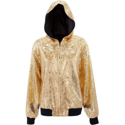Sparkle in Style with our Gold Sequin Hooded Bomber Jacket for Carnival