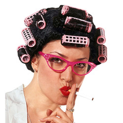 Black wig with hair curlers