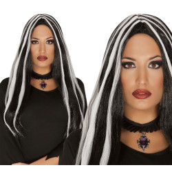 Long Black Wig with White Streaks