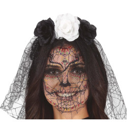 Black and White Floral Tiara with Veil