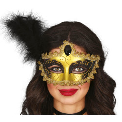Black Gold Mask with Black Feather
