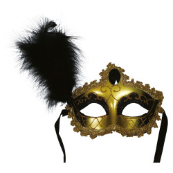Black Gold Mask with Black Feather