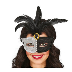 Black and White Mask with Black Feathers